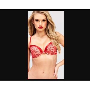 Fredericks of Hollywood Push Up Bra Womens 32C Red Exxtreme Cleavage Tuxedo Lace